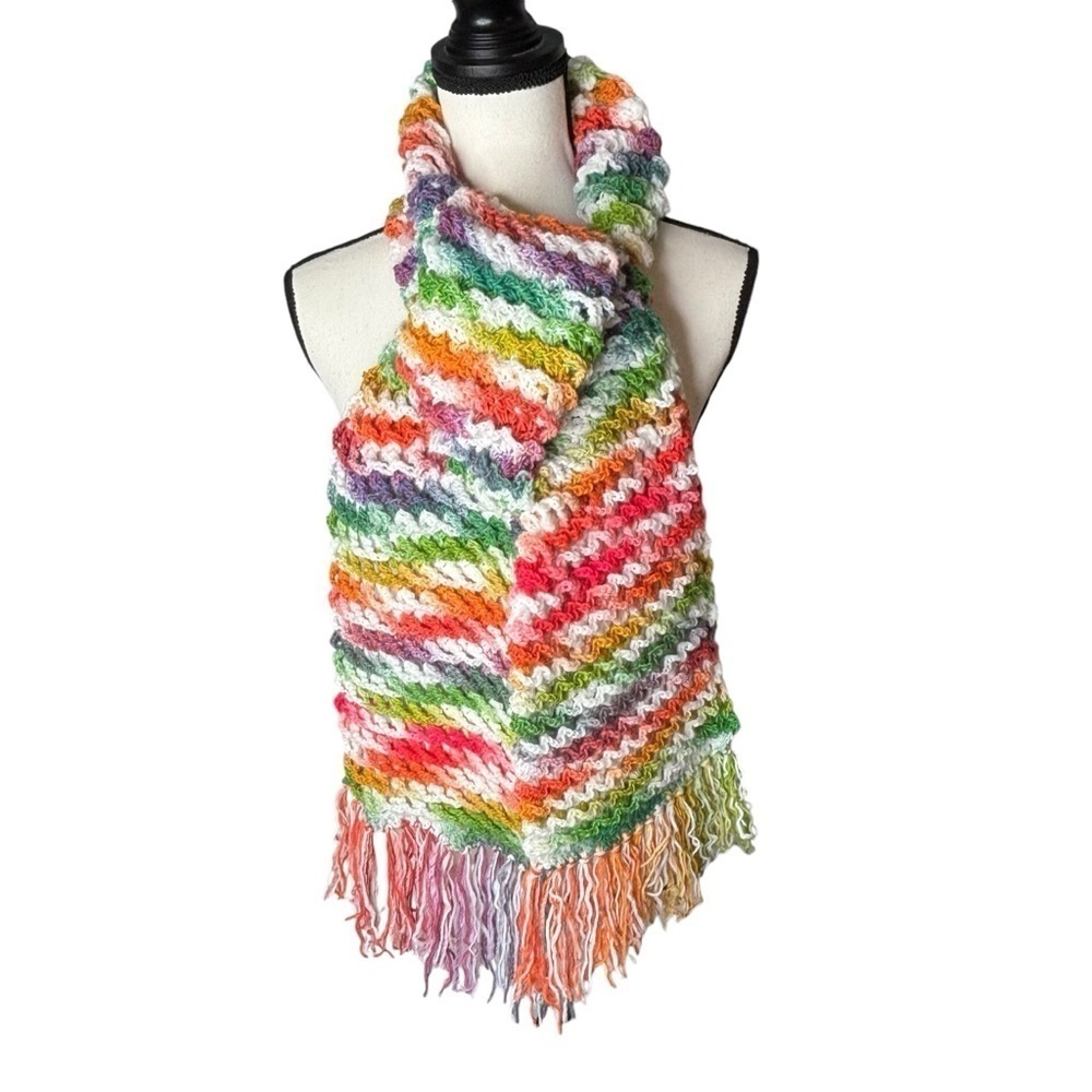 Handcrafted Crochet Scarf Colorful Multicolor Womens Ripple Waffle Stitch Knit - Picture 3 of 16